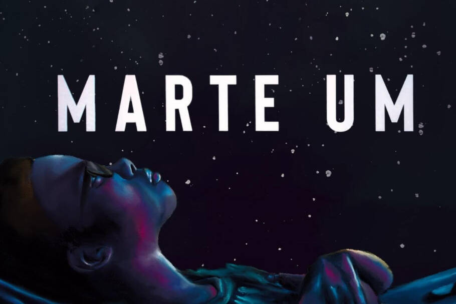Capa do filme "Marte Um" com a ilustração de um menino deitado e olhando para um céu estrelado