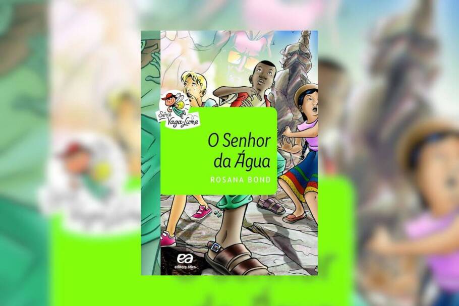 Capa do livro "O Senhor da Água", com a ilustração de pessoas paradas na rua com cara de assustadas