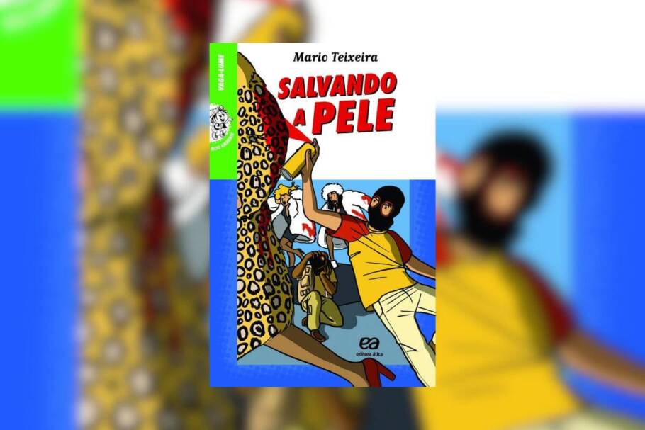 Capa do livro "Salvando a pele", com a ilustração de homens com capuz, pichando a roupa de uma mulher que tem estampa de onça