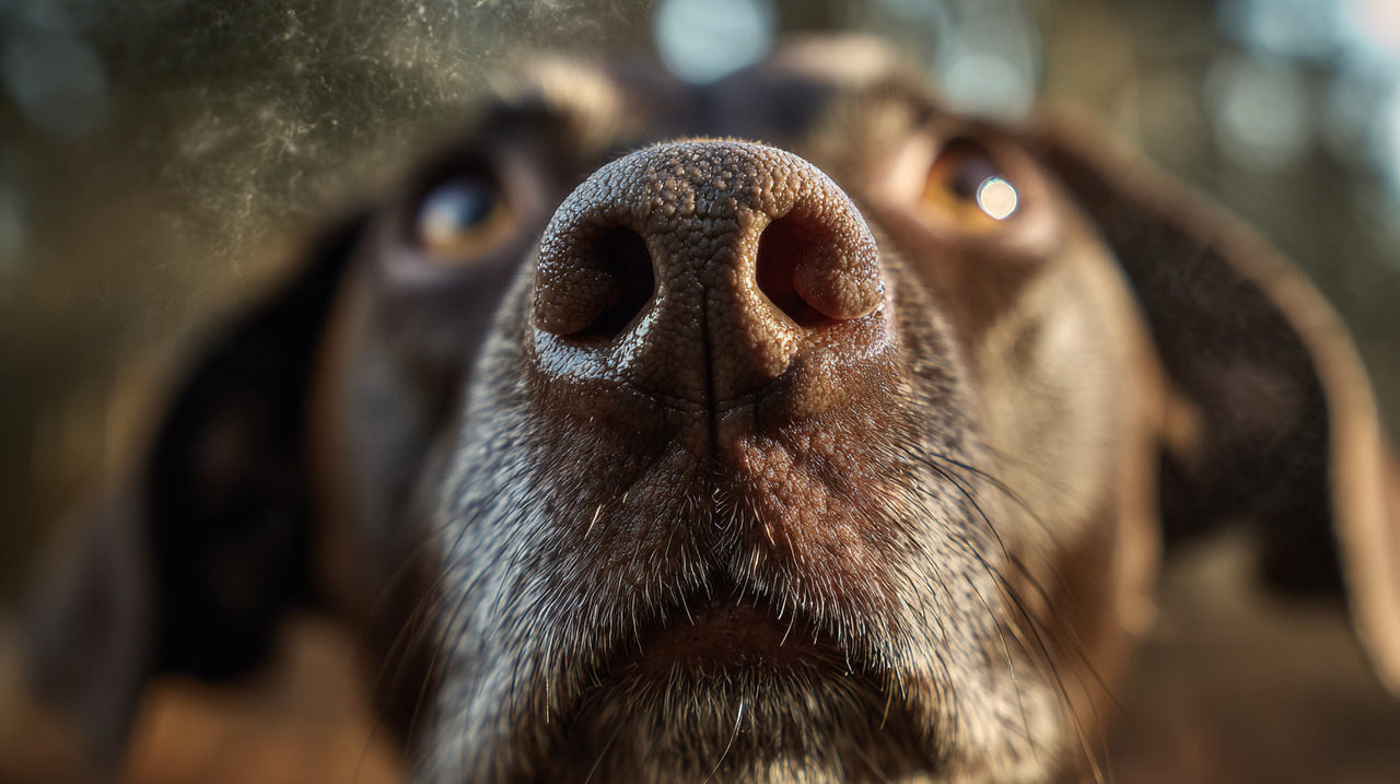 Os cães possuem uma quantidade de receptores olfativos muito superior à dos humanos e são capazes de perceber micropartículas imperceptíveis ao nosso olfato