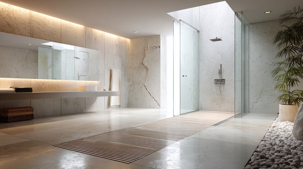 O chuveiro aberto elimina barreiras físicas como cortinas de tecido, boxes de vidro ou mamparas fixas