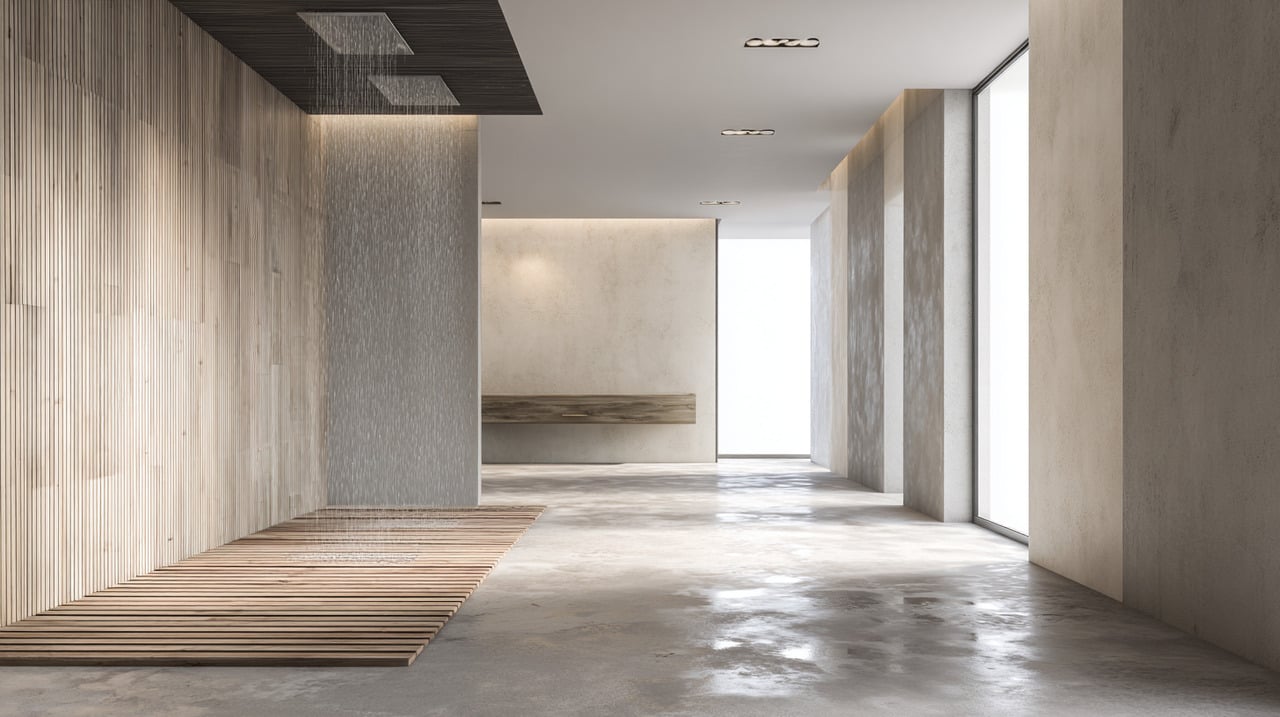 O chuveiro aberto elimina barreiras físicas como cortinas de tecido, boxes de vidro ou mamparas fixas