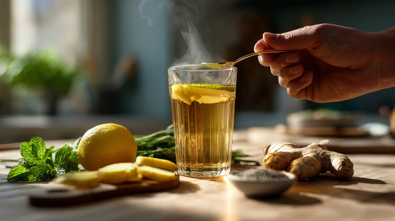 Ingredientes como gengibre, limão, hortelã e sementes ricas em fibras são frequentemente utilizados em bebidas matinais