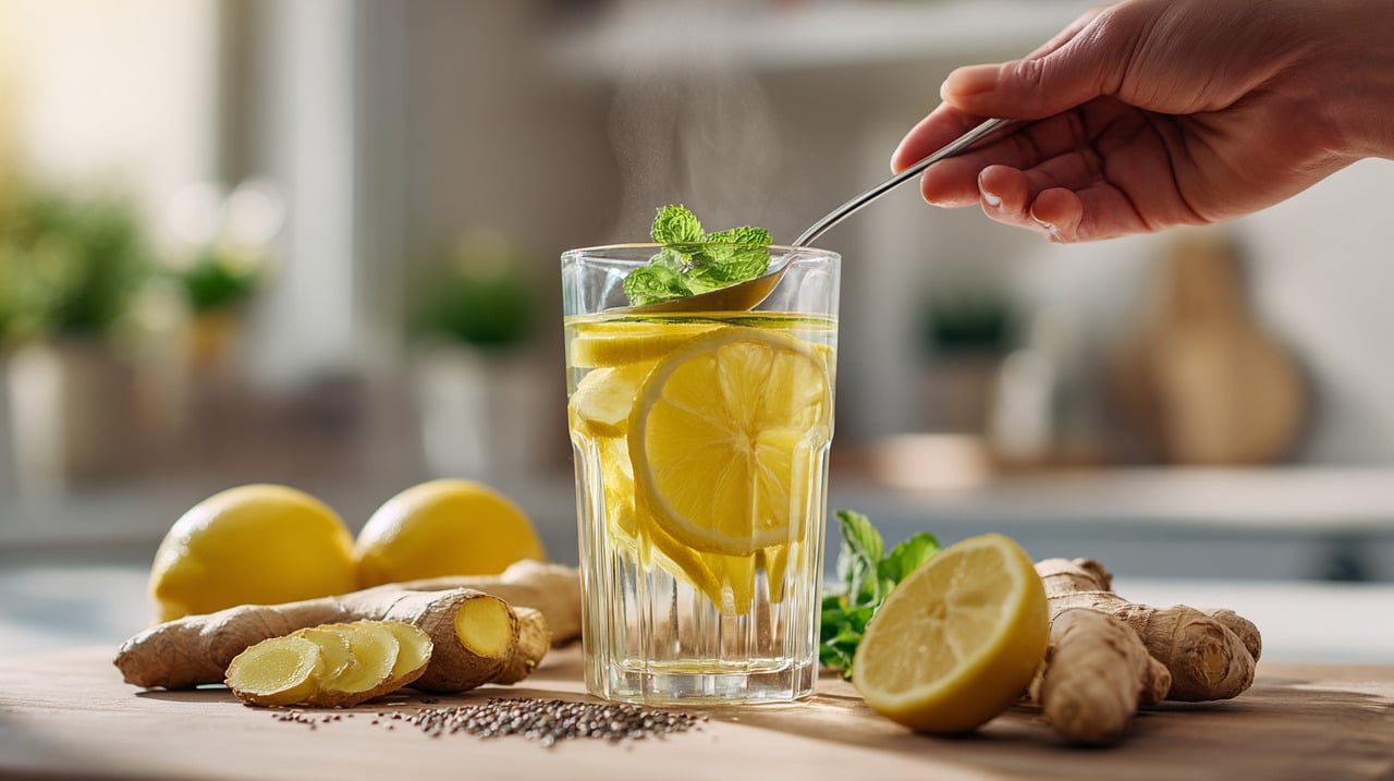 Ingredientes como gengibre, limão, hortelã e sementes ricas em fibras são frequentemente utilizados em bebidas matinais