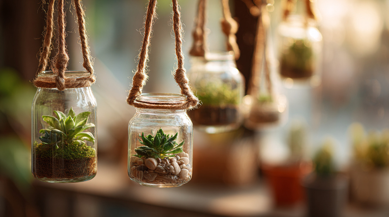 Adotar vasos suspensos confeccionados com potes de vidro contribui para a redução de resíduos domésticos