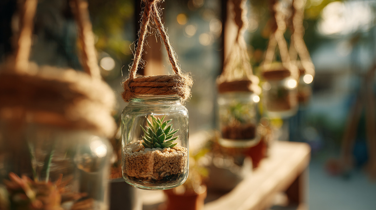 Adotar vasos suspensos confeccionados com potes de vidro contribui para a redução de resíduos domésticos