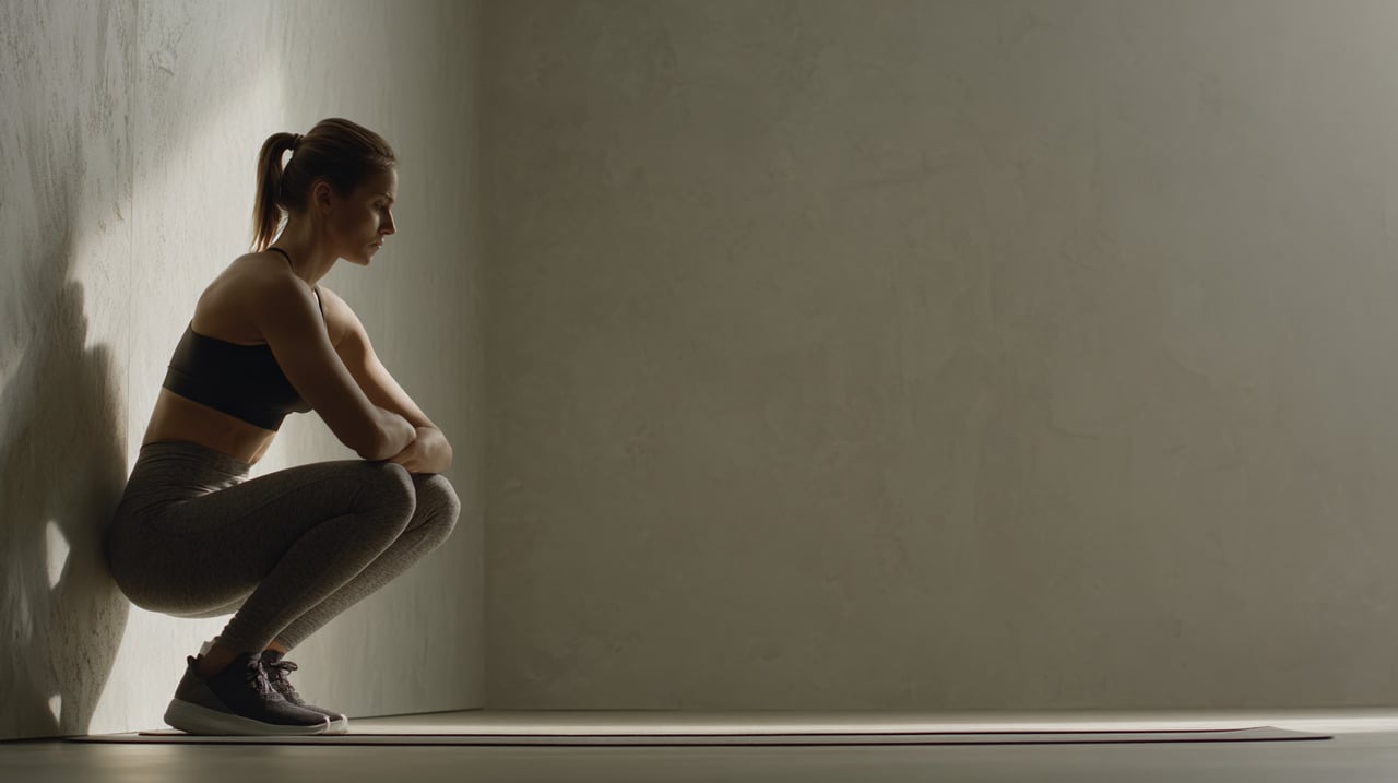 Nessa variação de exercício, a pessoa permanece com as costas apoiadas na parede e joelhos e quadris flexionados em ângulos retos