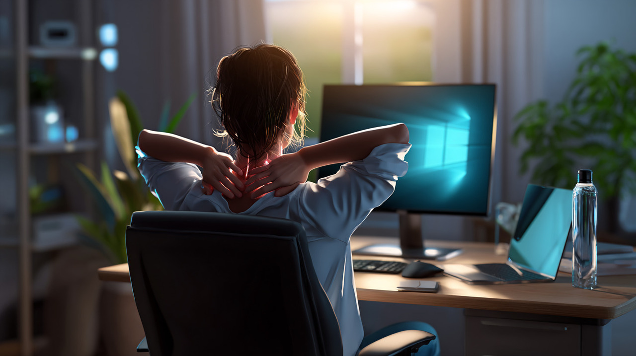 Ficar em uma posição curvada ou com a cabeça inclinada para frente por um longo período sobrecarrega os músculos e articulações do pescoço