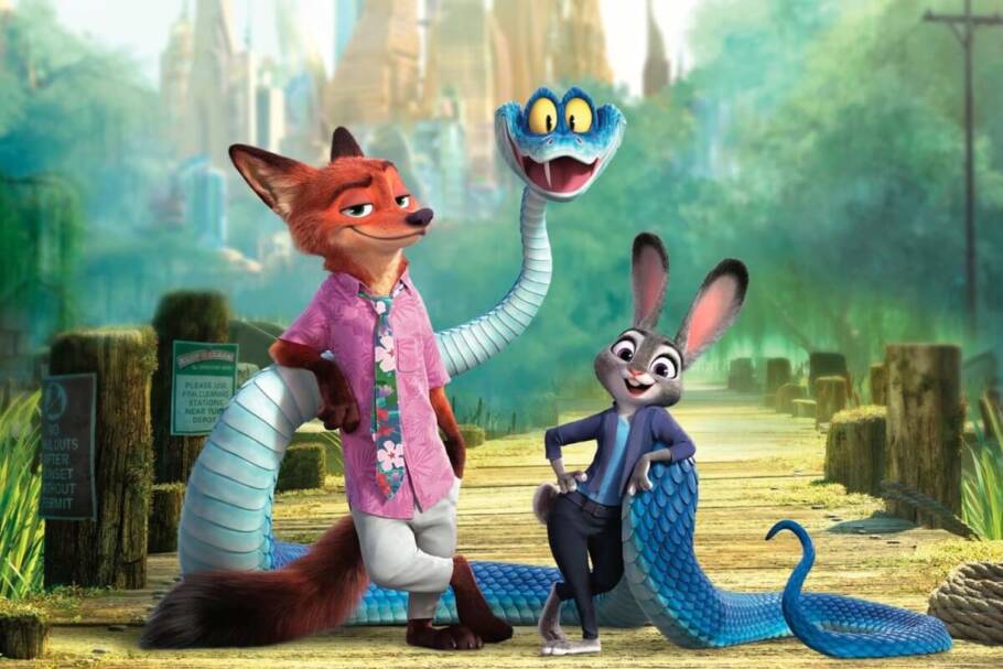 Capa do filme "Zootopia 2" com a ilustração de uma raposa, um coelho e uma cobra na floresta