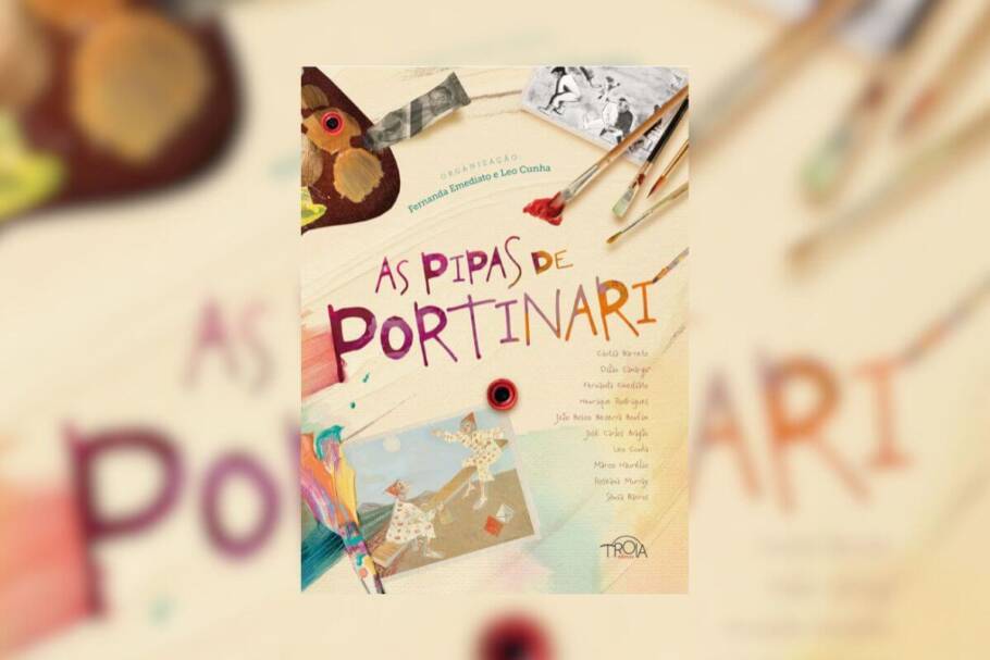 Cap do livro " As Pipas de Portinari", com pincéis e fotos em uma mesa