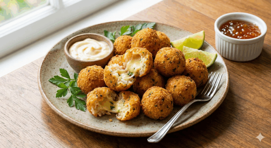 O queijo derretido por dentro é o ponto alto do bolinho de arroz