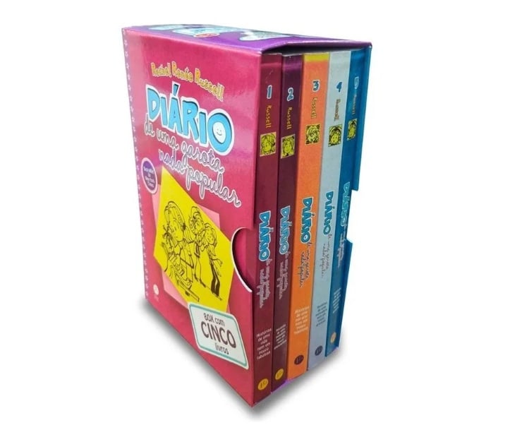 O box com cinco livros de Diário de uma Garota Nada Popular custa R$95,45 no Mercado Livre