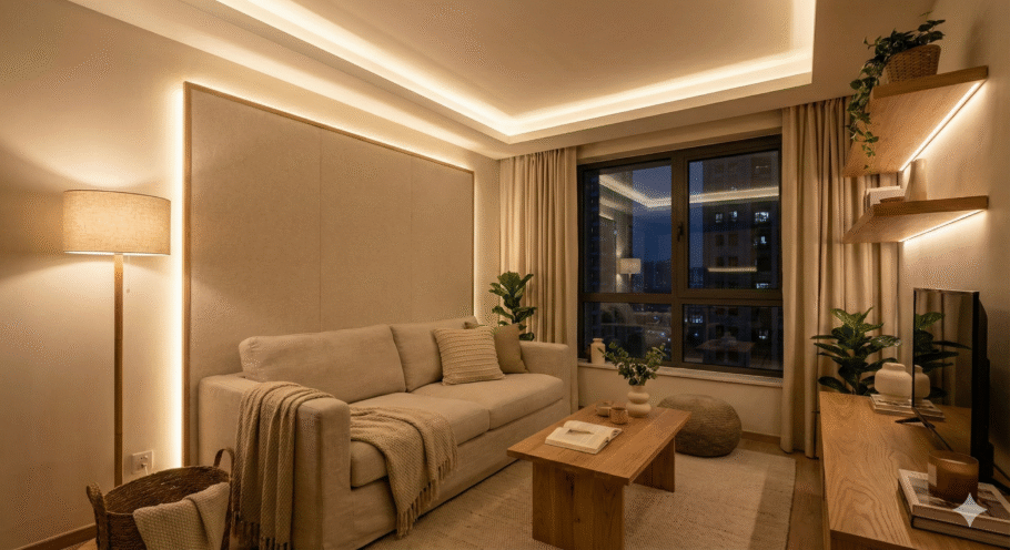 Luzes indiretas criam uma atmosfera acolhedora e de relaxamento