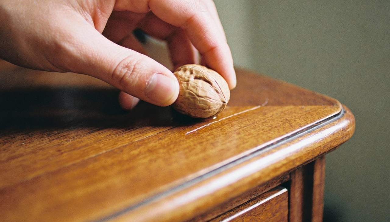 Acredite se quiser, uma simples noz pode funcionar como uma borracha mágica para arranhões em madeiras mais escuras