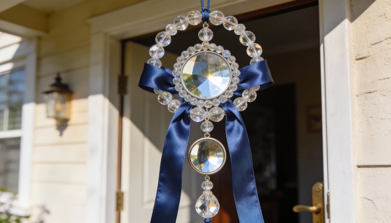 Para montar um amuleto de proteção com contas de vidro, fitas azuis e espelhos, o primeiro passo é separar os materiais e pensar em um desenho básico