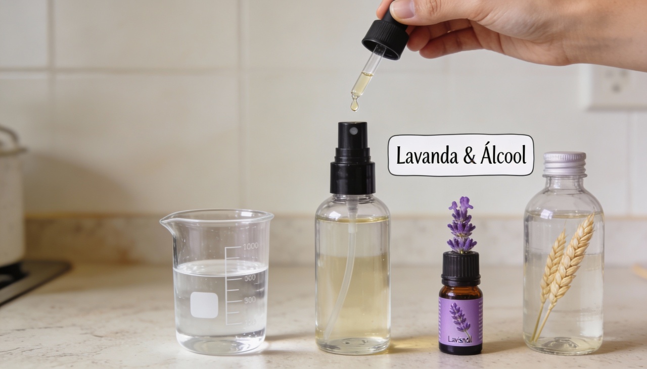 Para preparar um spray de travesseiro caseiro com aroma de lavanda, utiliza-se um frasco borrifador, água, álcool de cereais e óleo essencial