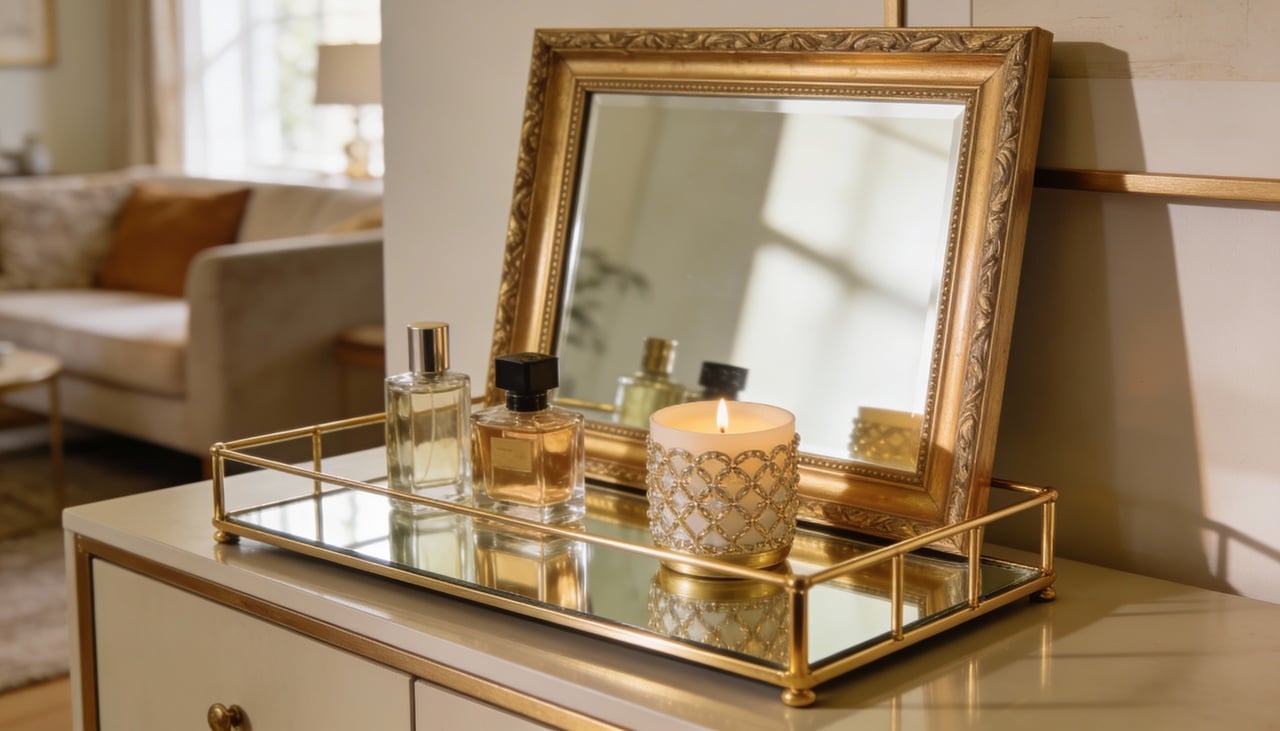 As bandejas de espelho e metal combinam uma base espelhada com laterais em metal, em acabamentos como dourado, prateado, preto ou cobre
