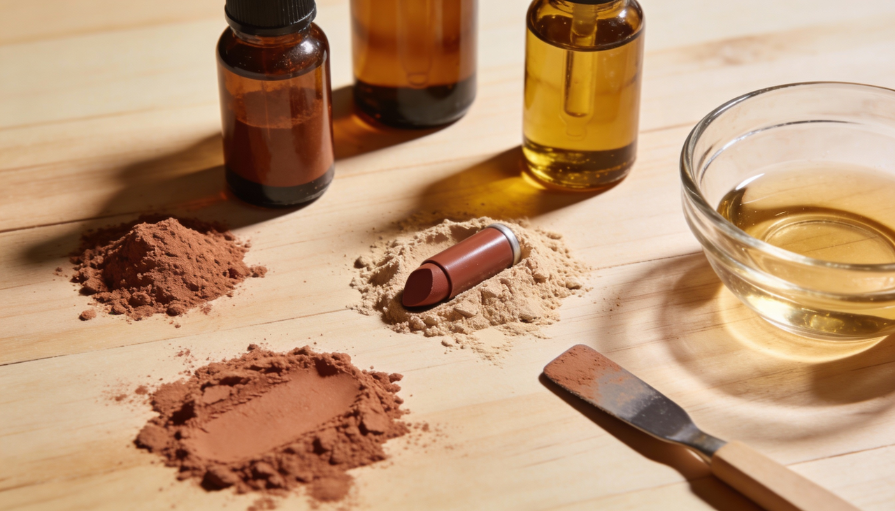 Para um batom de formulação simples, costuma-se usar poucos ingredientes gordurosos combinados a pigmentos, priorizando conforto e boa espalhabilidade