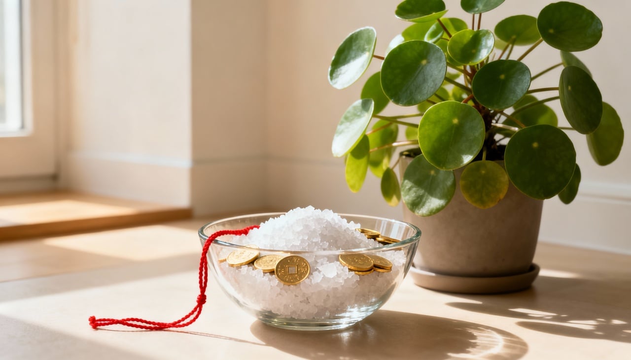 No contexto do Feng Shui, a sal para prosperidade costuma ser disposta em potes de vidro ou de cerâmica, materiais associados à transparência e firmeza – Imagens produzidas com uso de Inteligência Artificial