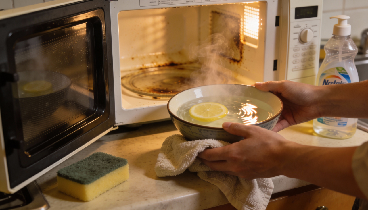 Você só precisa de uma tigela que possa ir ao micro-ondas, água e um limão cortado ao meio ou em rodelas