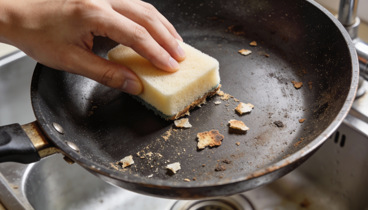 A maioria das pessoas corre para a esponja de aço quando vê comida grudada, mas isso pode ser o fim da vida útil do seu utensílio