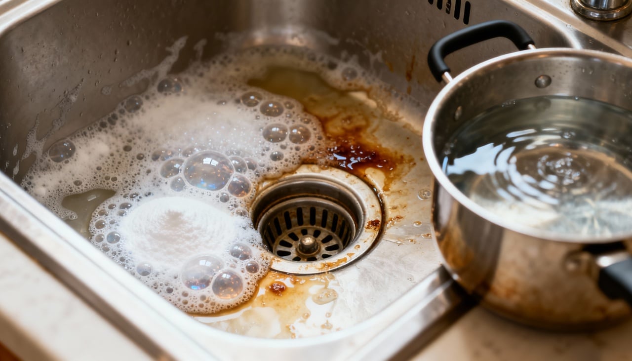 A dupla campeã para desentupir pia é a mistura de bicarbonato de sódio com vinagre