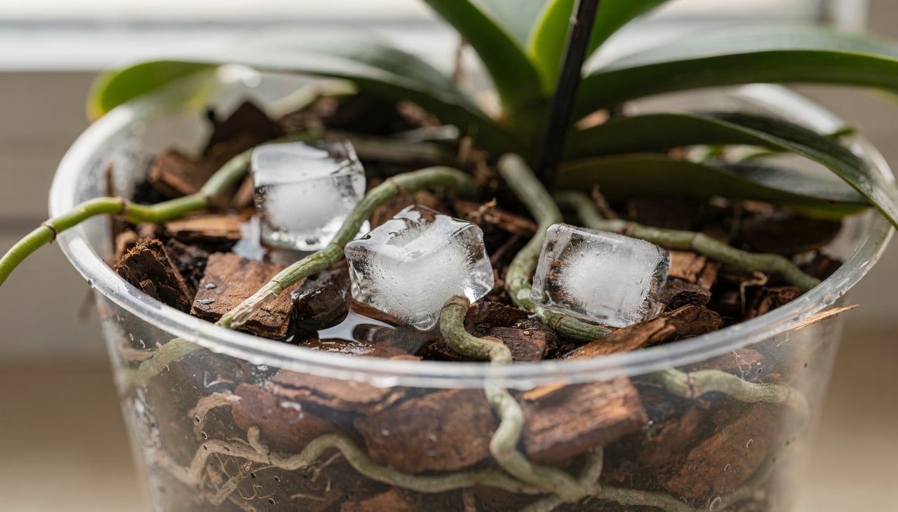 Para uma orquídea de tamanho padrão em um vaso médio, a recomendação geral é utilizar cerca de três cubos de gelo uma vez por semana