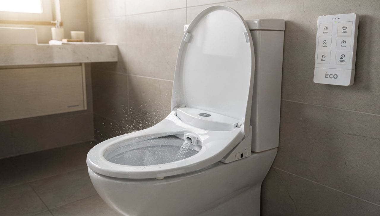 Essa tecnologia substitui o rolo de papel tradicional por um jato de água morna controlado por um painel digital ou controle remoto