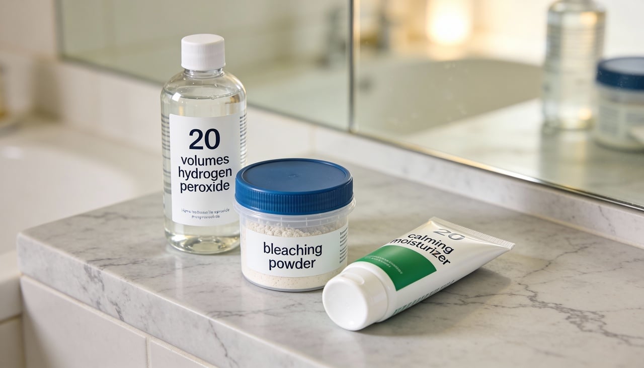 Geralmente utiliza-se água oxigenada e pó descolorante, às vezes associados a óleos ou cremes hidratantes para minimizar o ressecamento