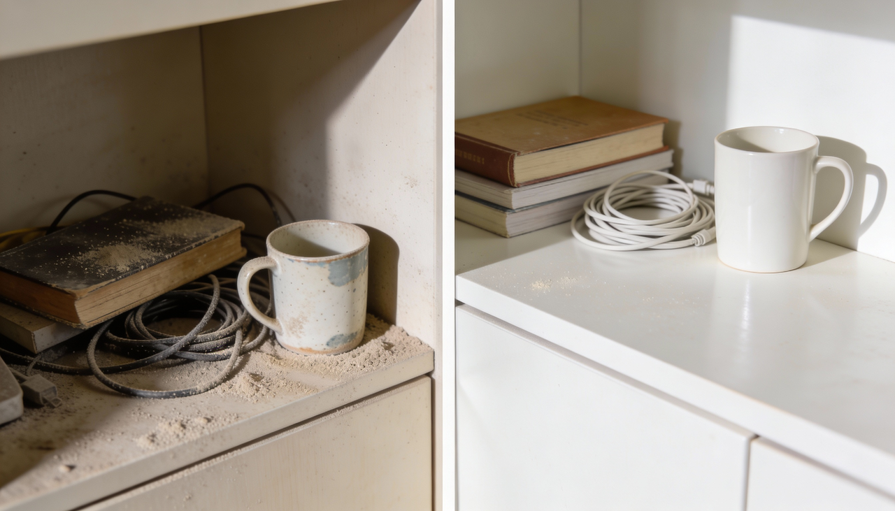 A poeira não é apenas uma sujeira comum, ela funciona como uma barreira física e energética que impede o crescimento e a renovação