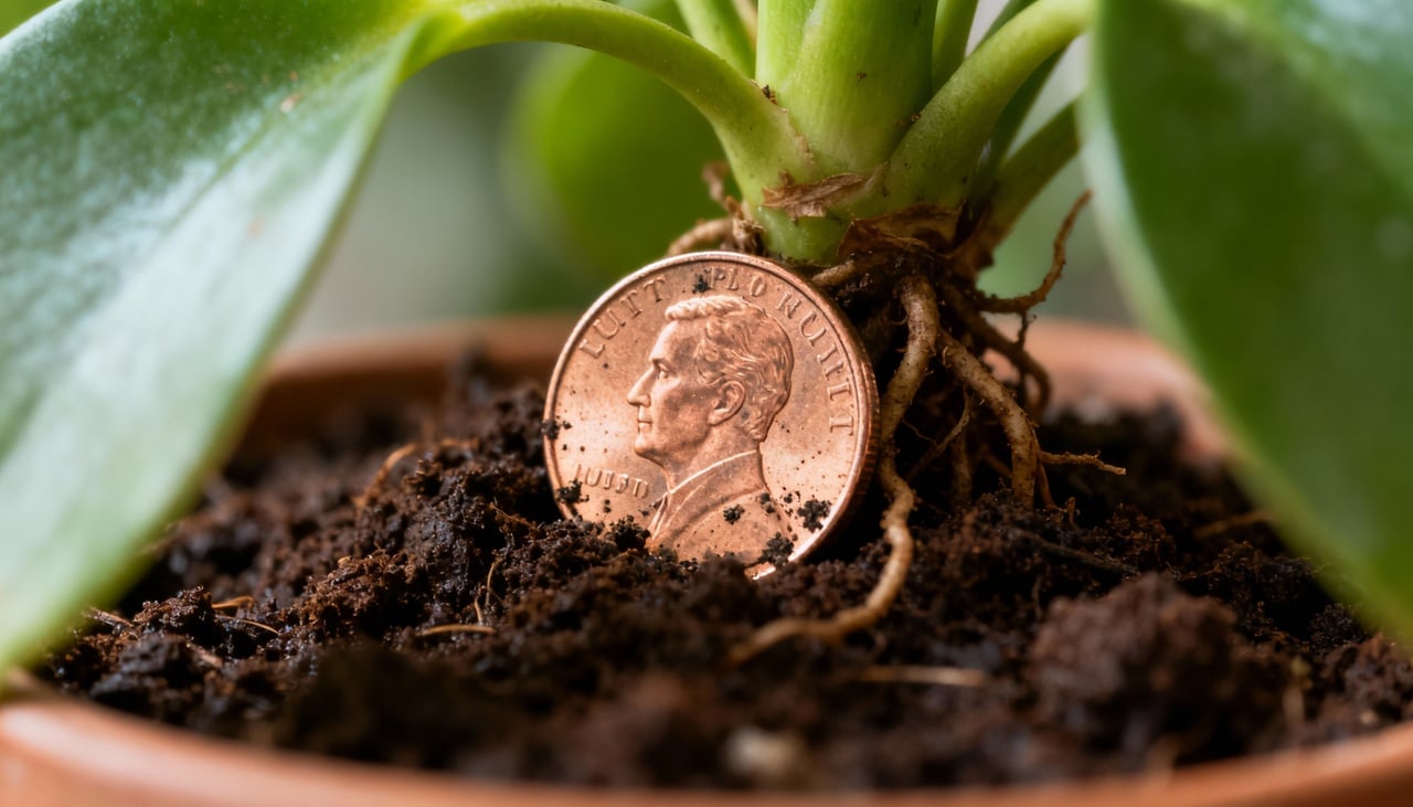Ao inserir uma moeda de cobre no solo do vaso, é possível notar alterações visíveis na saúde das folhas e no crescimento das plantas