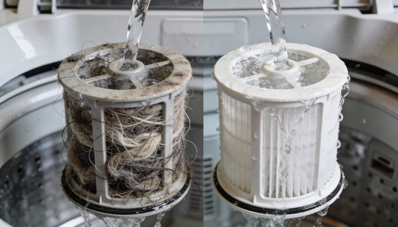 Quando o filtro está sujo ou entupido, fiapos, pequenos resíduos e até objetos esquecidos nos bolsos podem ficar circulando na água