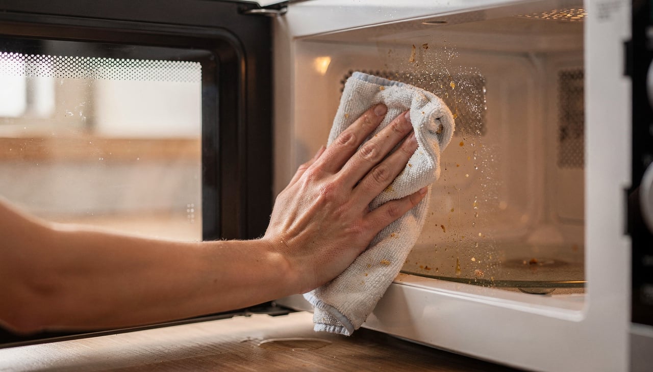 A principal forma de o micro-ondas ajudar na limpeza é por meio do vapor gerado ao aquecer água