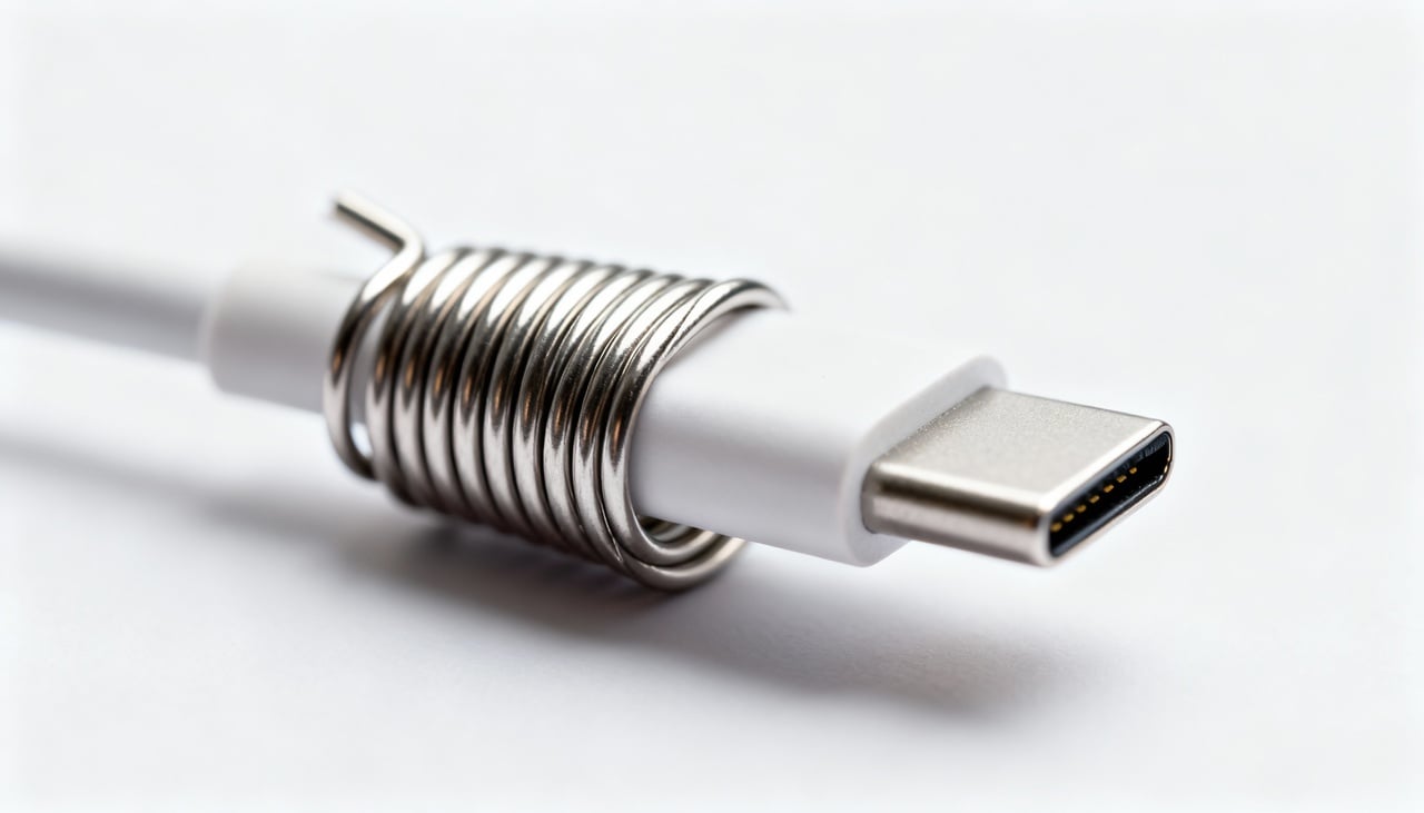 A região onde o fio se conecta ao plugue é o ponto mais vulnerável do carregador devido à flexão constante durante o uso diário – Imagens produzidas com uso de Inteligência Artificial