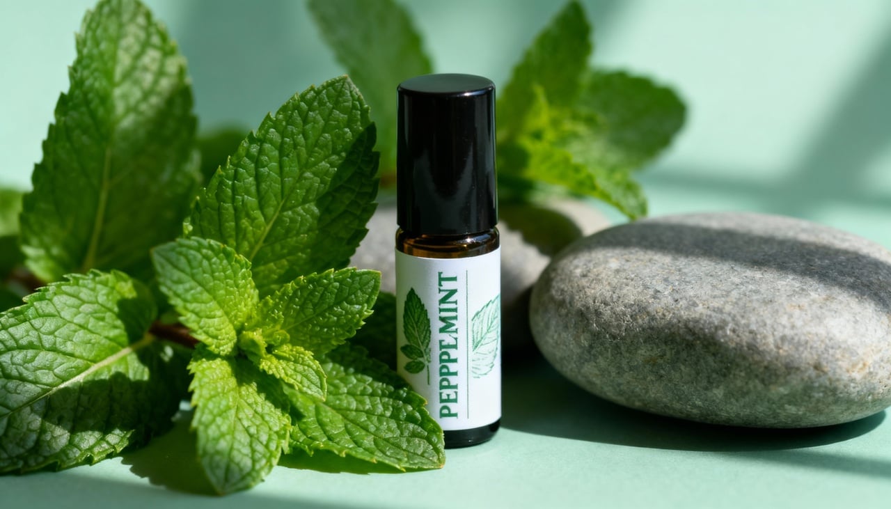 O efeito aliviador do óleo essencial de hortelã-pimenta está ligado principalmente ao seu componente ativo, o mentol – Imagens produzidas com uso de Inteligência Artificial