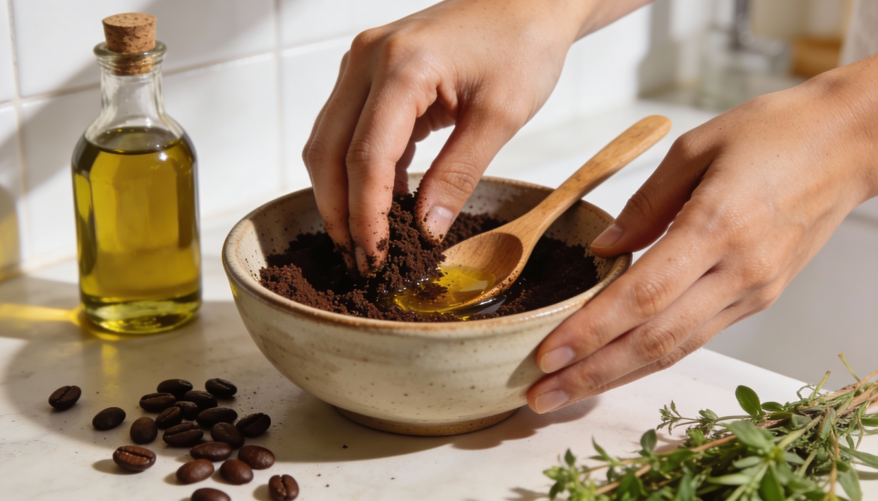 O esfoliante corporal caseiro de café é uma mistura feita com borra ou pó de café e outros componentes naturais