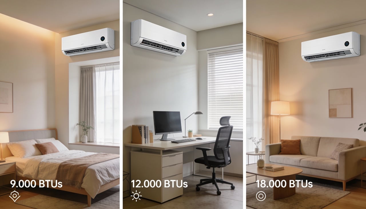 Para uso residencial simples, costuma-se considerar cerca de 600 a 800 BTUs por metro quadrado