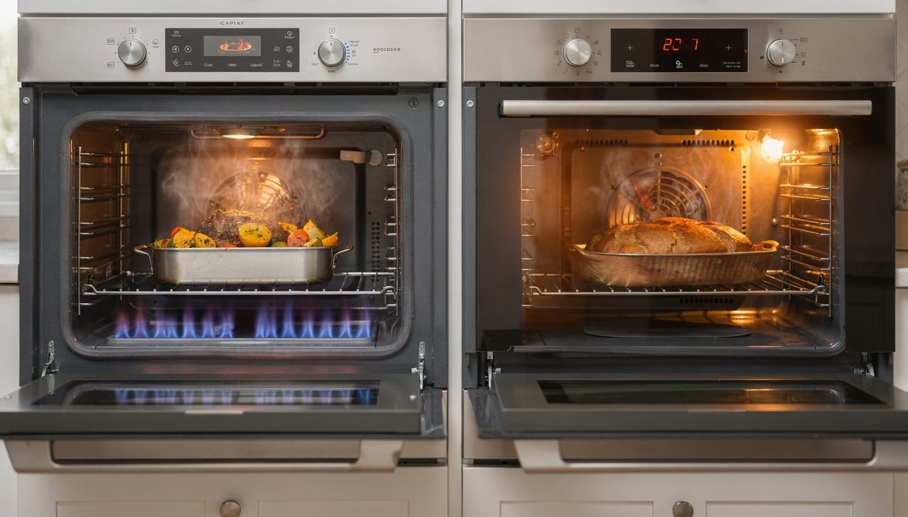 O forno a gás utiliza uma chama na base (ou traseira) para aquecer o interior, transferindo energia por radiação e convecção natural