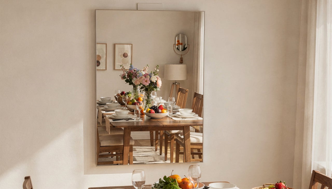 O espelho posicionado corretamente funciona como um duplicador de energia, refletindo os alimentos e a união familiar durante as refeições