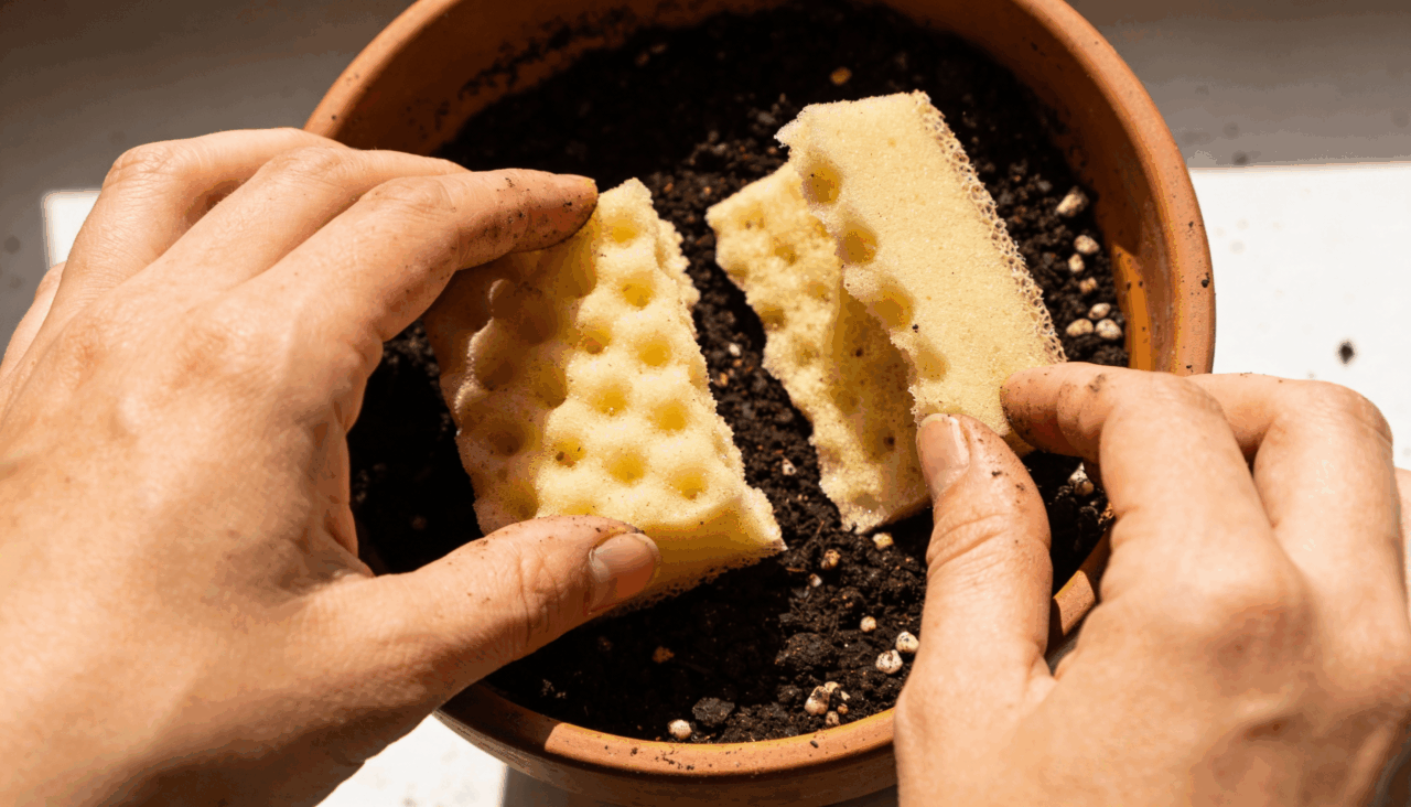 Uma das aplicações mais eficazes e simples das esponjas velhas na jardinagem é colocá-las no fundo dos vasos