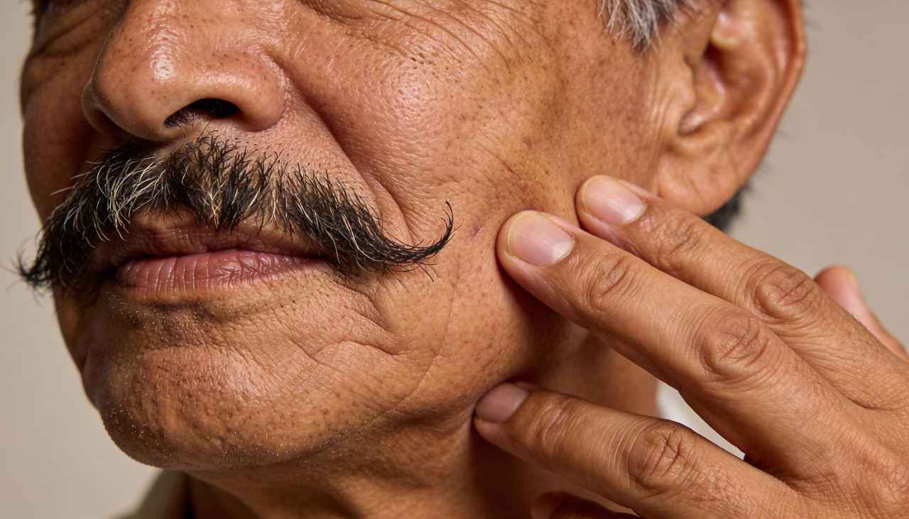 O famoso bigode chinês, ou sulco nasogeniano, é frequentemente mal interpretado como uma simples marca de expressão causada pelo sorriso