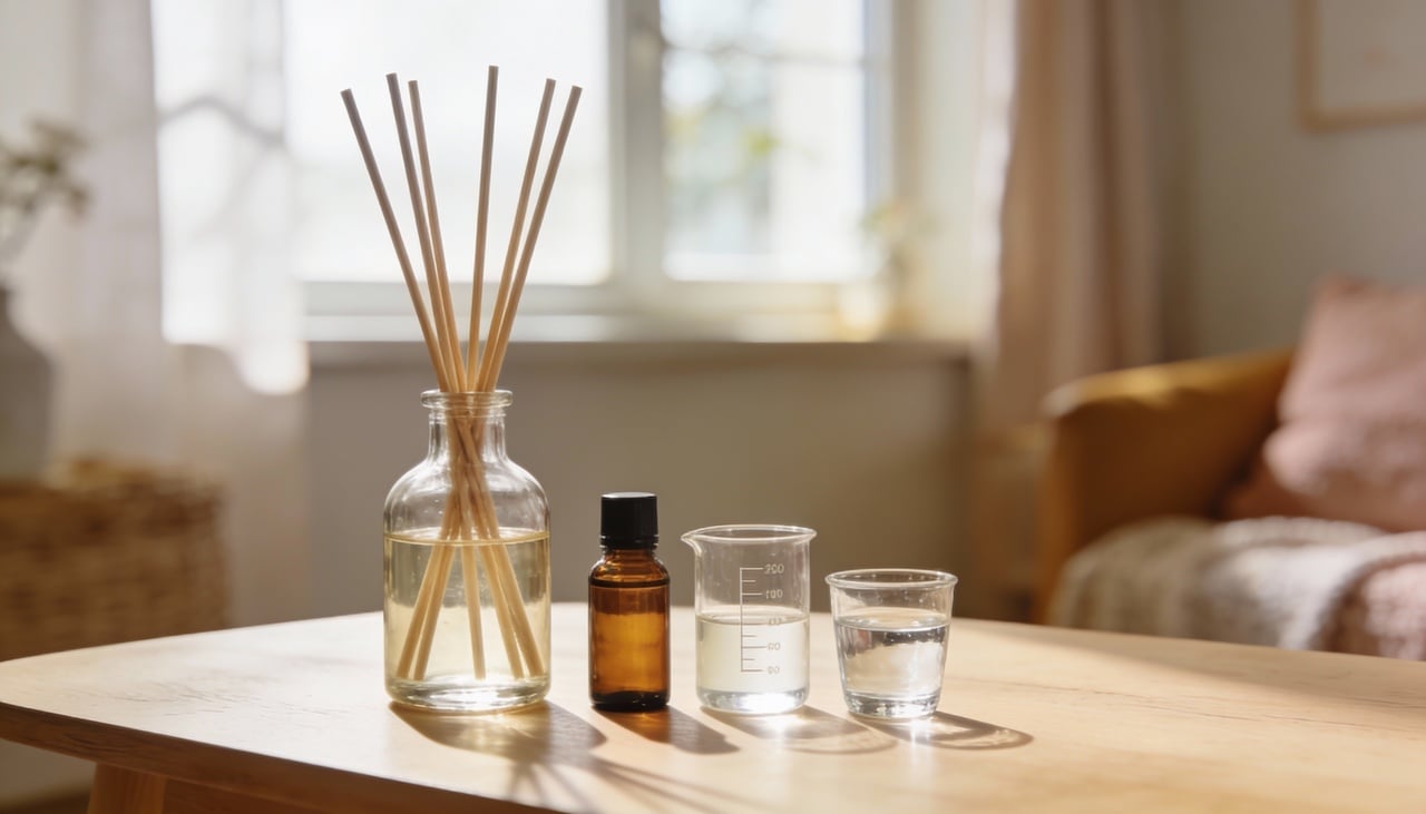 Para fazer um aromatizante de ambiente simples, a proporção costuma ser equilibrada entre álcool, água e essência