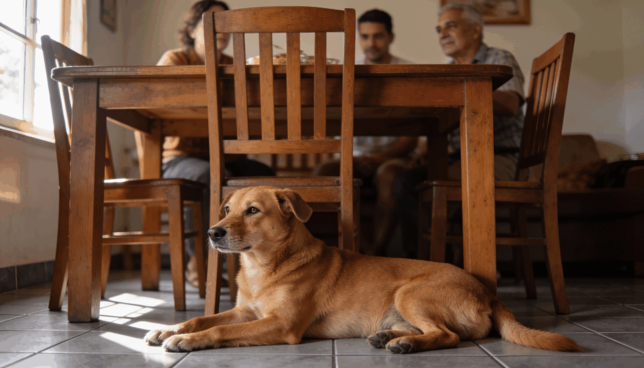 A expressão cachorro deitar embaixo da mesa costuma estar relacionada à busca por segurança