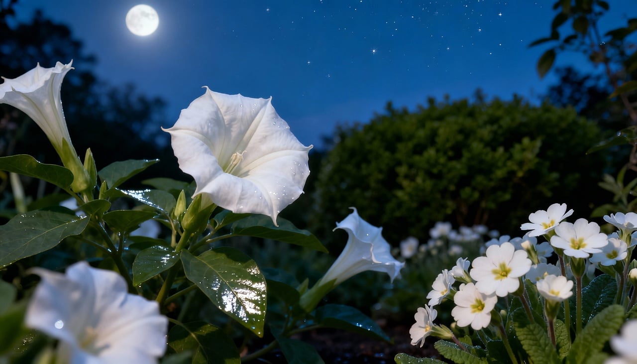 A floração noturna representa uma vantagem evolutiva significativa em ambientes com alta competição por polinizadores diurnos – Imagens produzidas com uso de Inteligência Artificial