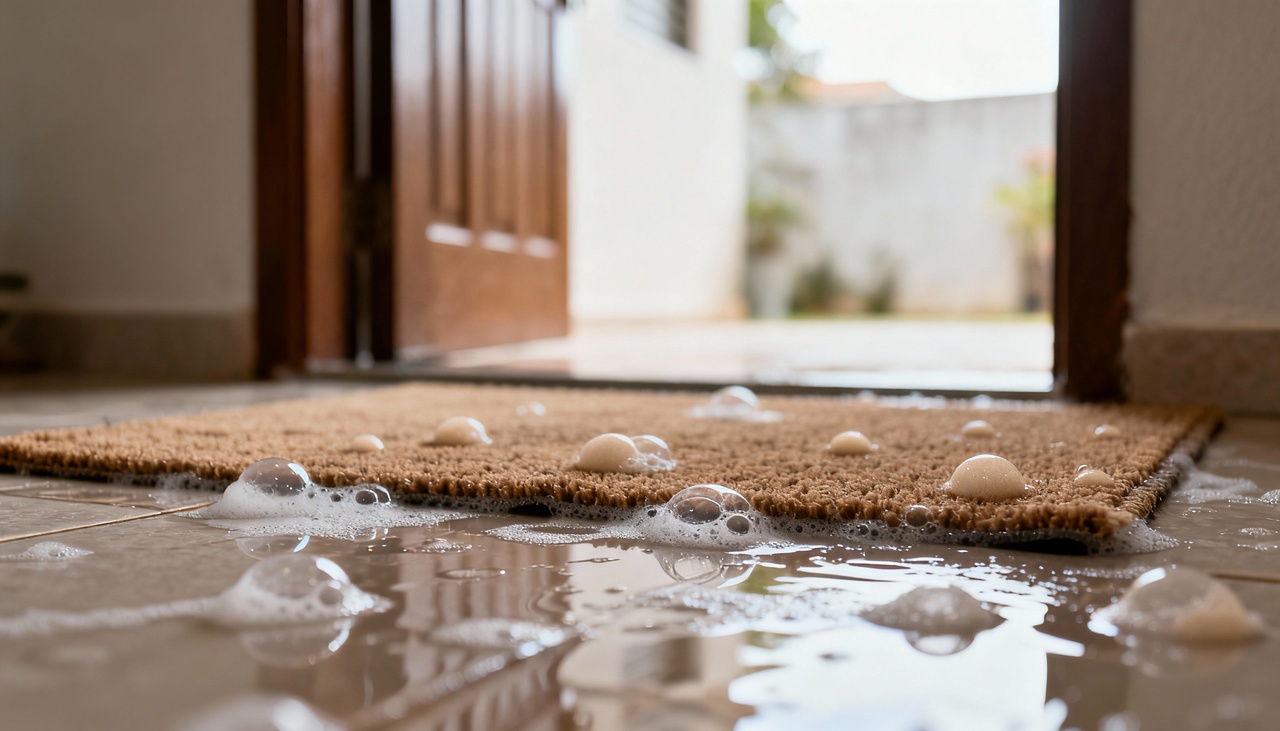 Colocar um pano umedecido com detergente neutro na porta serve como uma barreira que retém parte da sujeira e dos resíduos trazidos do exterior