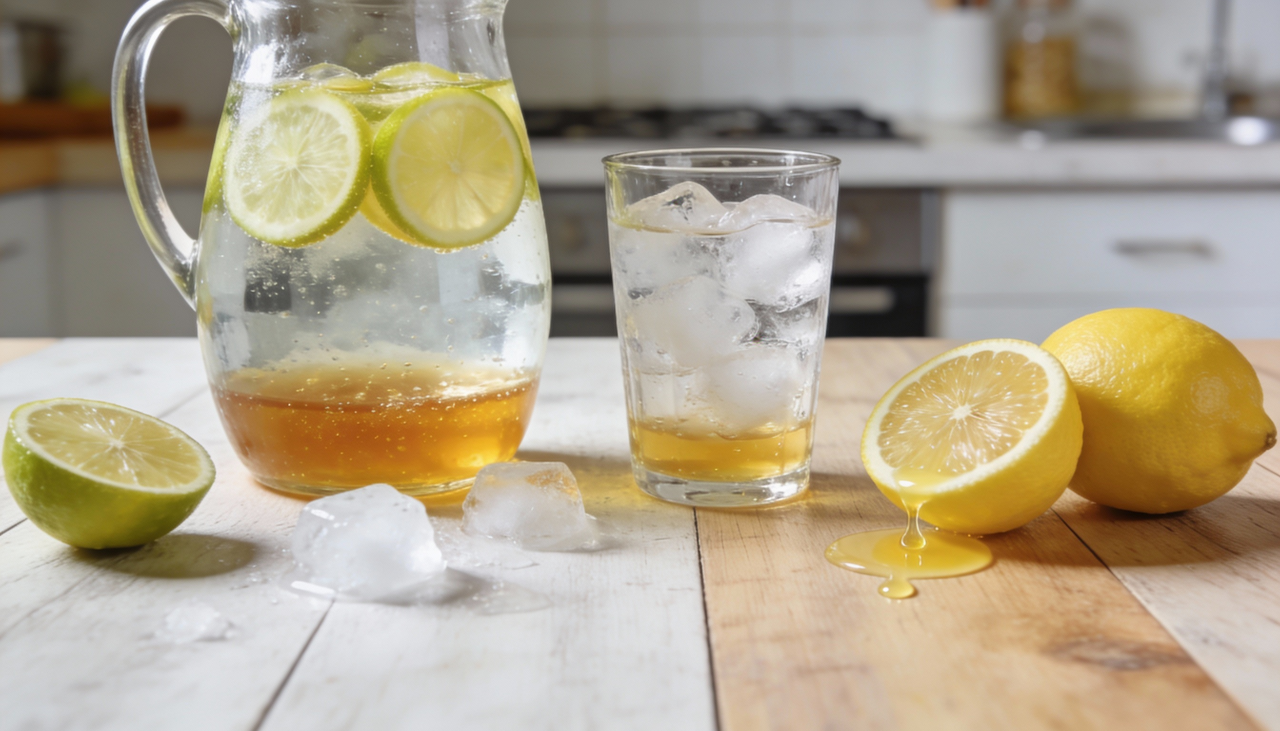 A receita de isotônico com limão e mel usa medidas simples, fáceis de ajustar para diferentes volumes