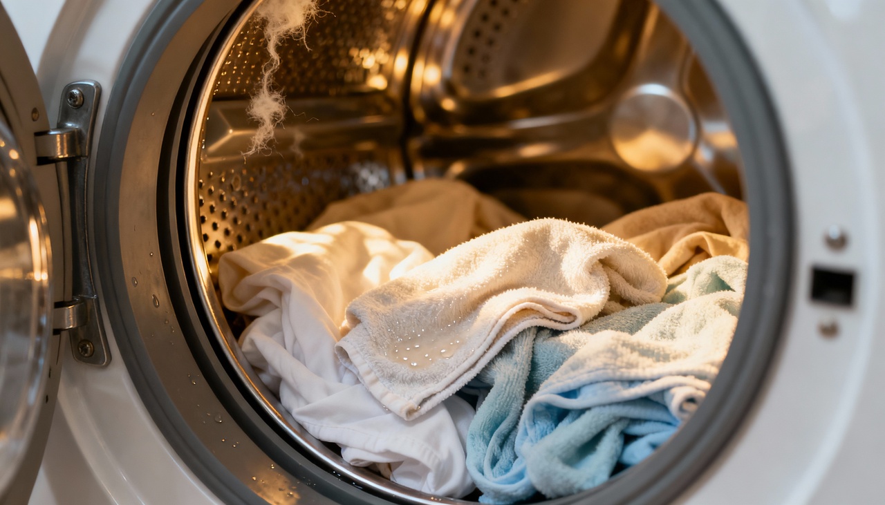 O truque consiste em colocar um pano levemente umedecido junto com as roupas já secas na secadora