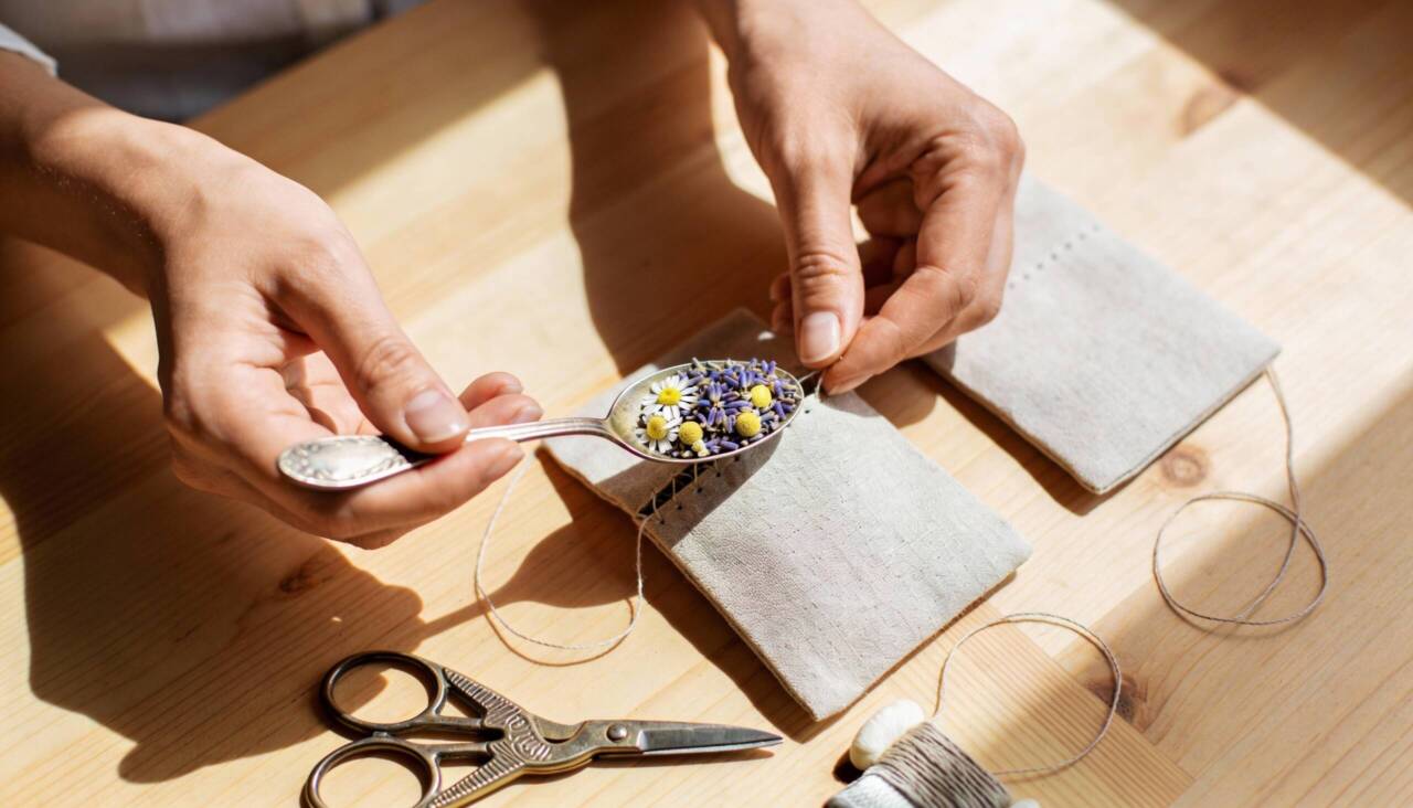 A confecção do saco de ervas para o sono pode ser feita em casa, com materiais simples e poucos passos