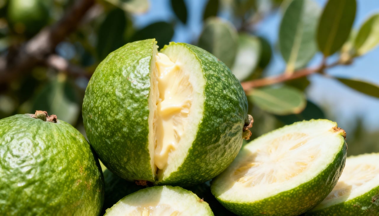 A feijoa pertence à mesma família da goiaba comum, mas se adapta muito melhor a climas temperados e frescos