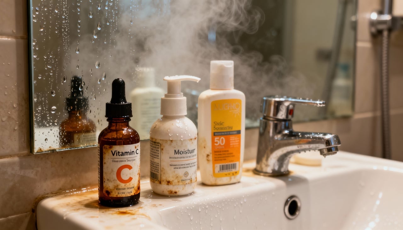 Um dos hábitos mais comuns é deixar hidratantes, séruns e protetores solares no banheiro, pela praticidade de tê-los sempre à mão